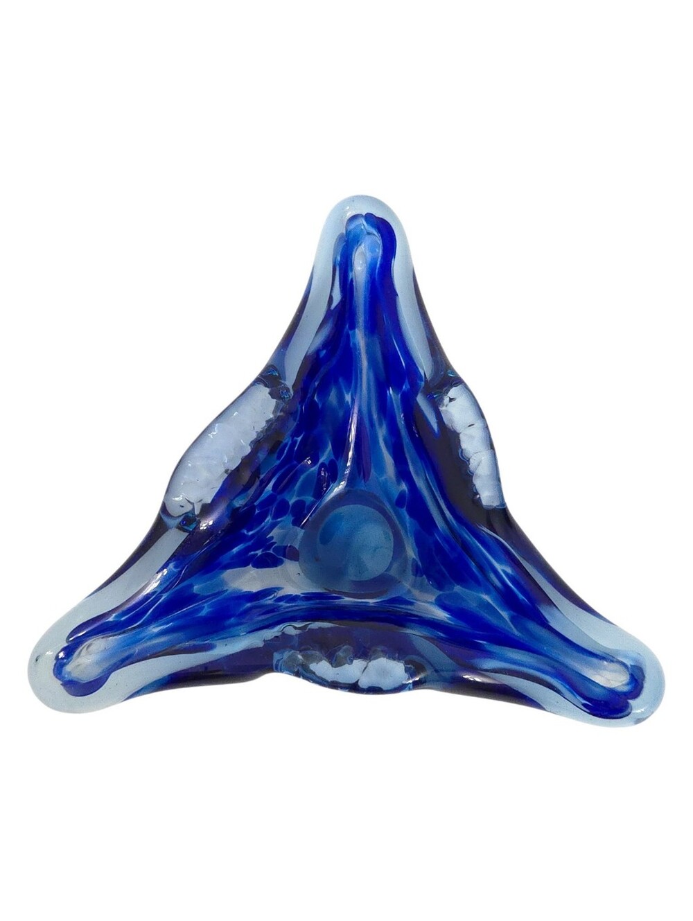 Blue & White Hand-Blown Murano Style Splatter Glass Triangular Trinket Dish